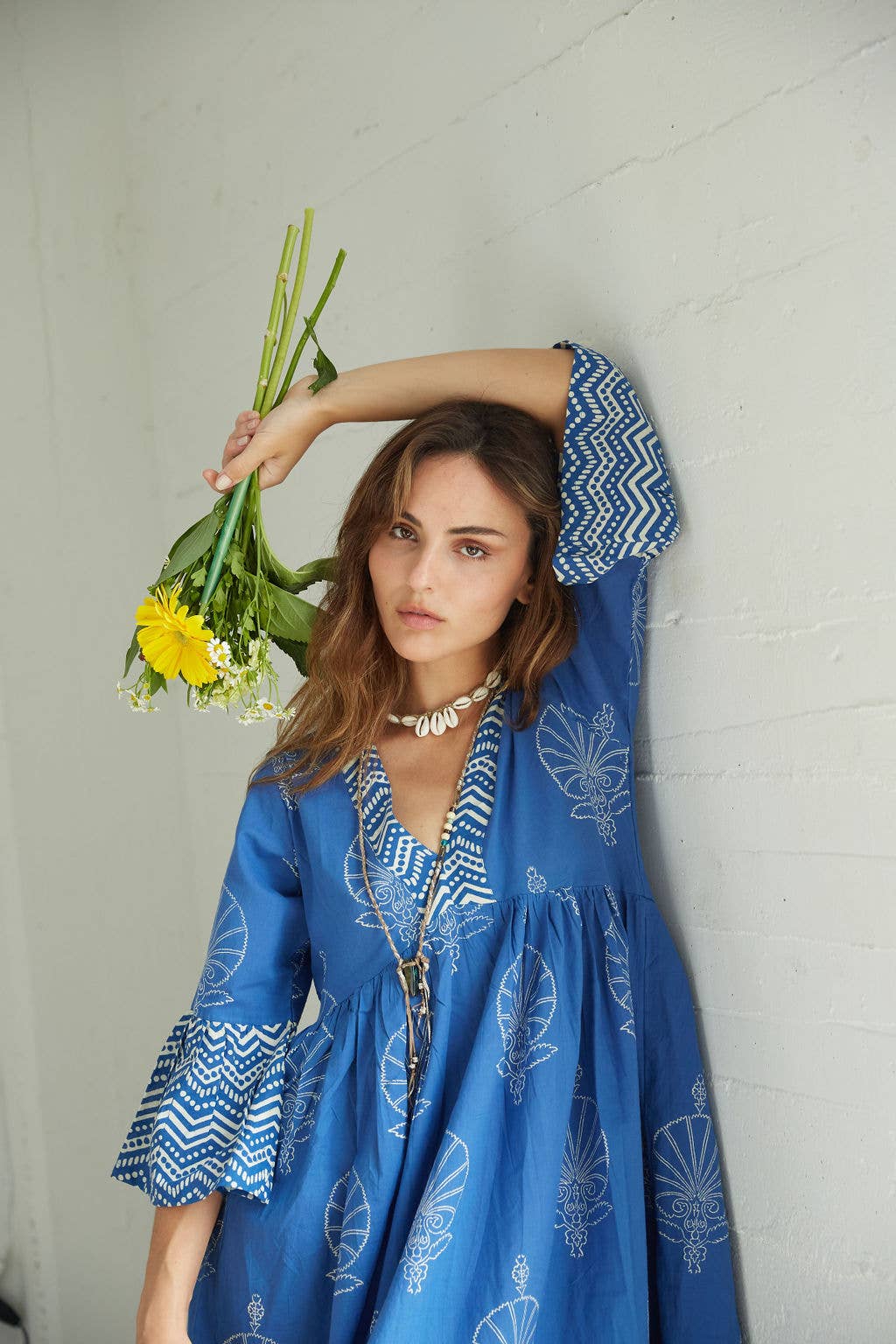 Block Printed Bell Sleeve Dress (Bhavani-Egyptian Blue)