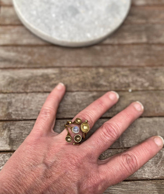 Big brass and moonstone sculpture ring
