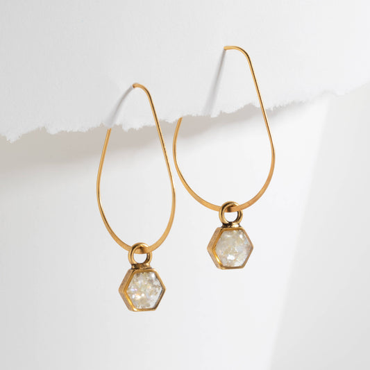 Teardrop Hoop Earrings With Hexagon Gemstone