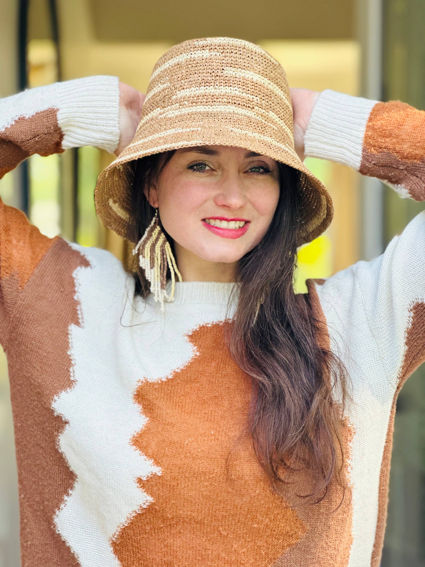 2.5" Brim Taylor Crochet Bucket Straw Hat with Zebra Stripes