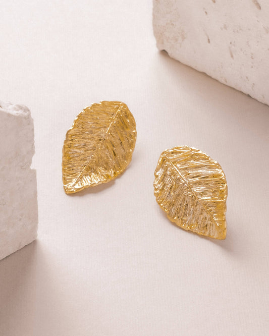 Gold Textured Leaf Stud Earring