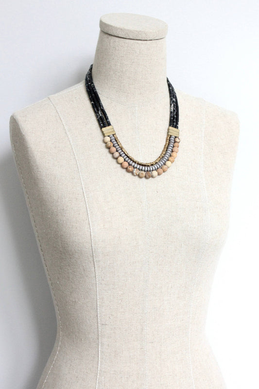 Triple Strand Black and Gray Beaded Necklace