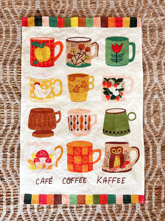 Vintage Coffee Mugs Linen Cotton Tea Towel