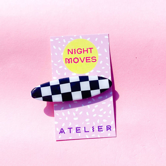 Black and White Gingham Checker Oval Polymer Clay Hair Clip