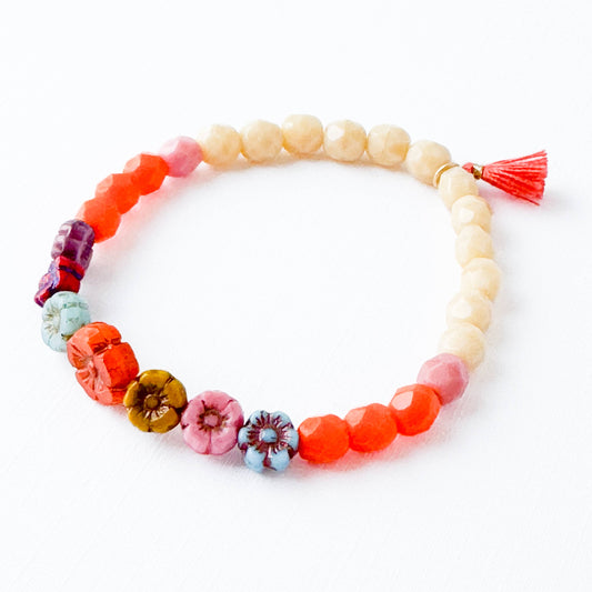 Colorful Beads And Mulitpule Flowers Bracelet With Tassel