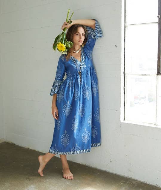 Block Printed Bell Sleeve Dress (Bhavani-Egyptian Blue)