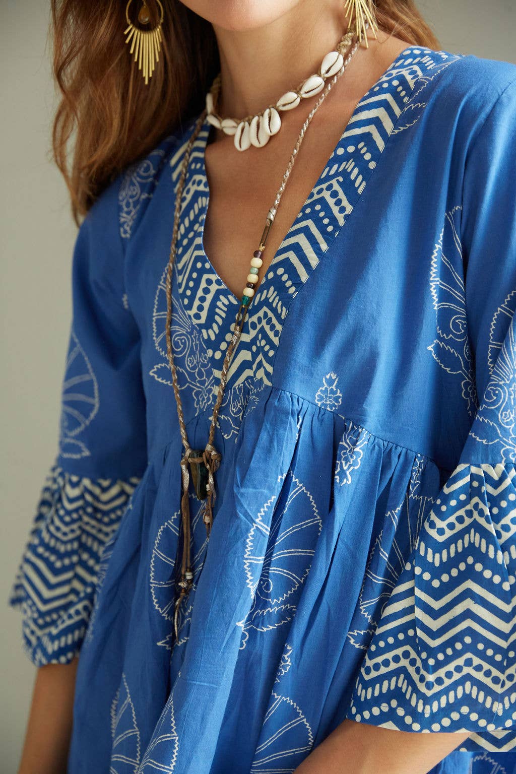 Block Printed Bell Sleeve Dress (Bhavani-Egyptian Blue)