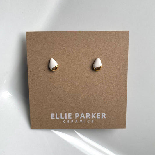 Teardrop White Ceramic Earrings with Gold Luster