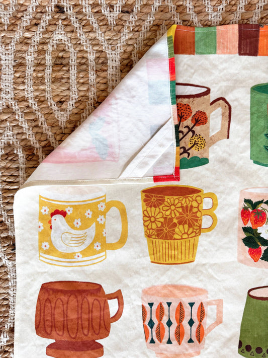 Vintage Coffee Mugs Linen Cotton Tea Towel