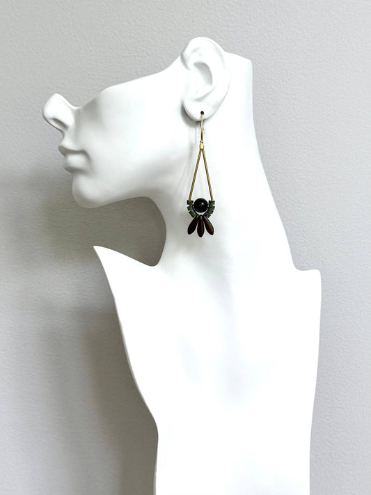 Copper, moss, and jet drop earrings