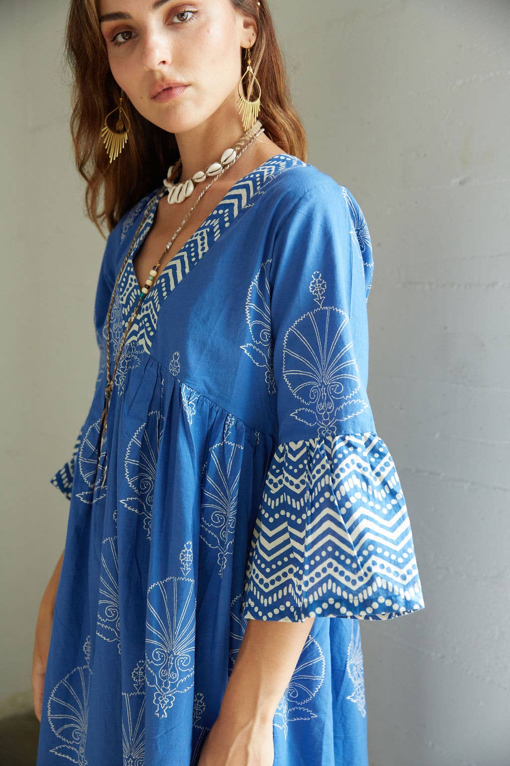 Block Printed Bell Sleeve Dress (Bhavani-Egyptian Blue)