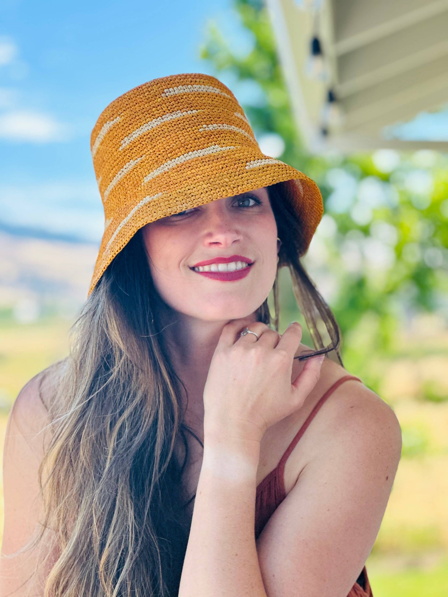 2.5" Brim Taylor Crochet Bucket Straw Hat with Zebra Stripes