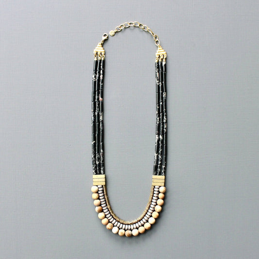 Triple Strand Black and Gray Beaded Necklace