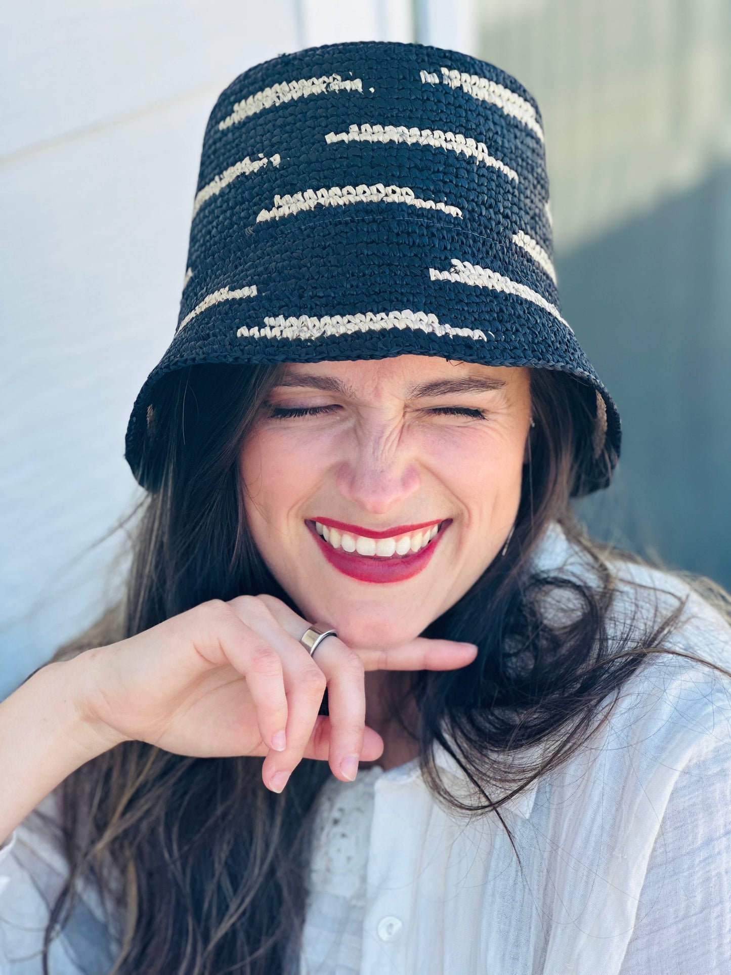 2.5" Brim Taylor Crochet Bucket Straw Hat with Zebra Stripes