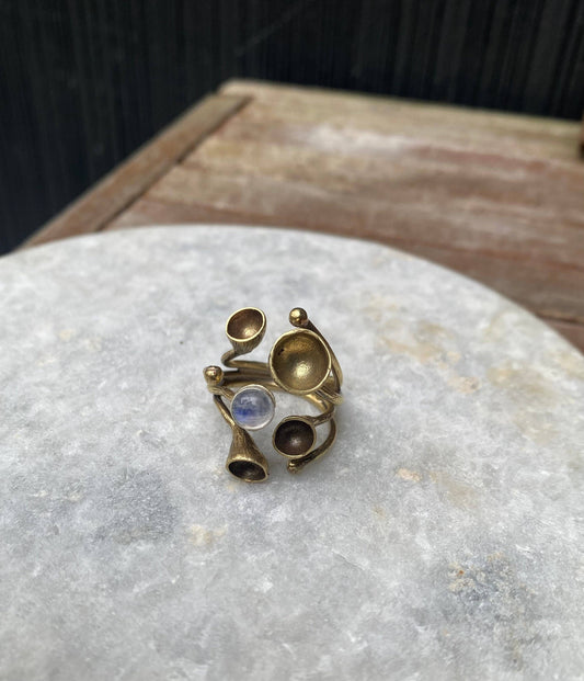 Big brass and moonstone sculpture ring