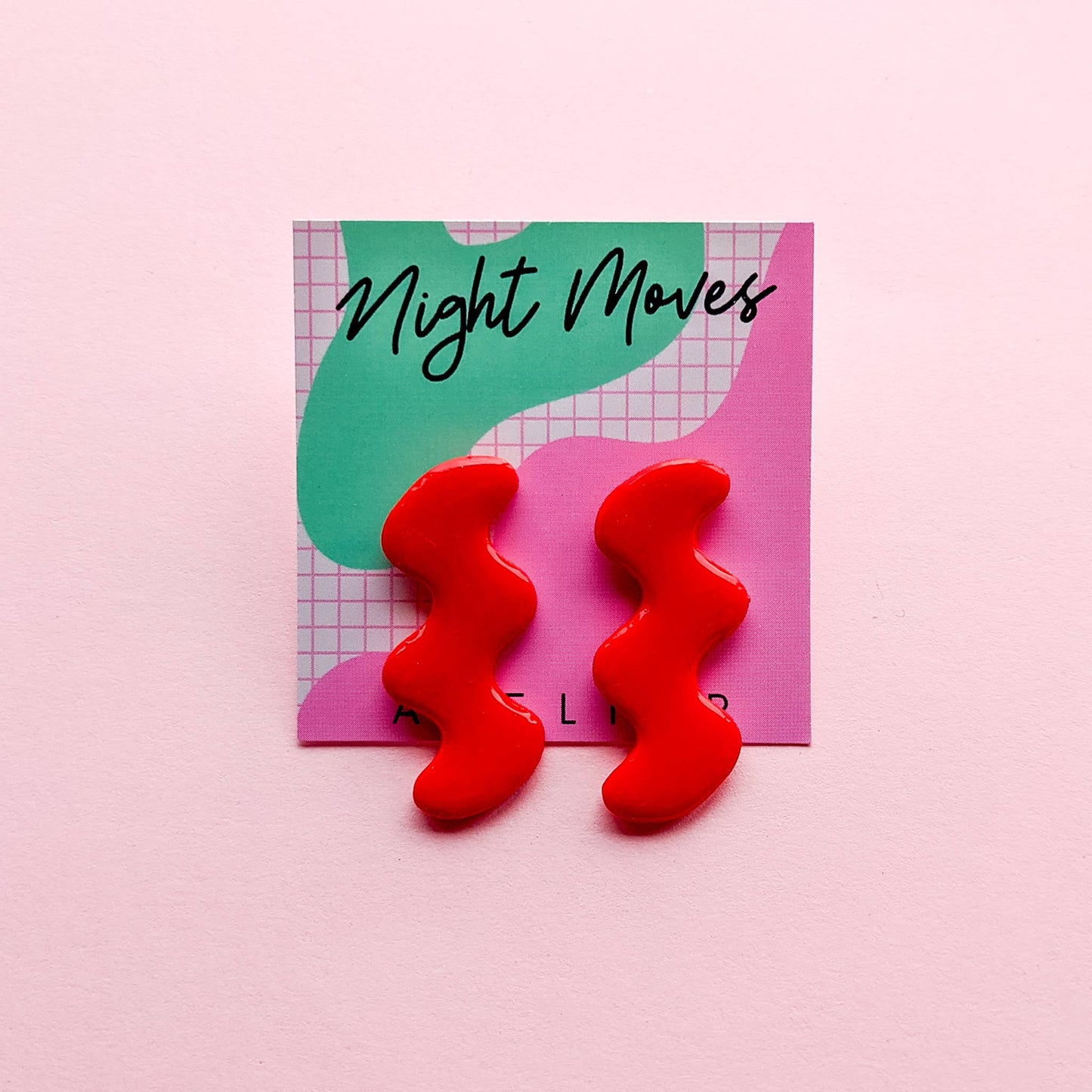 Polymer Clay Abstract Squiggle Stud Earrings in Hot Red
