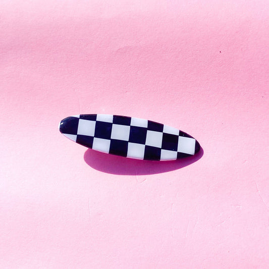 Black and White Gingham Checker Oval Polymer Clay Hair Clip