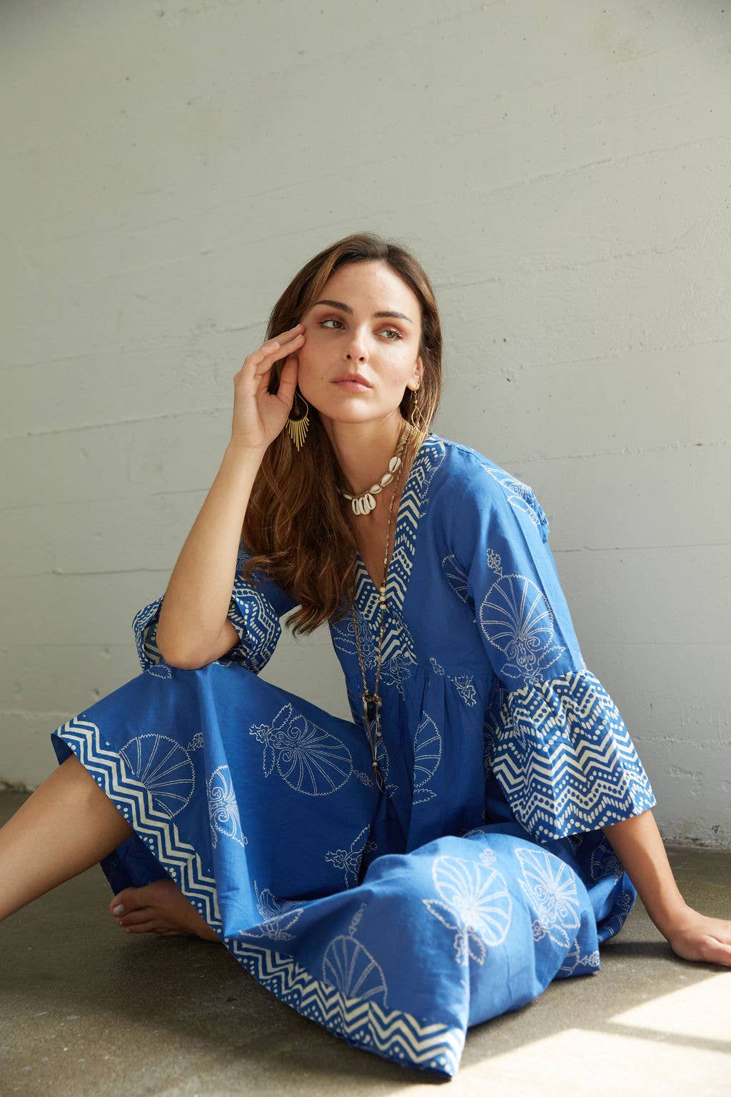 Block Printed Bell Sleeve Dress (Bhavani-Egyptian Blue)