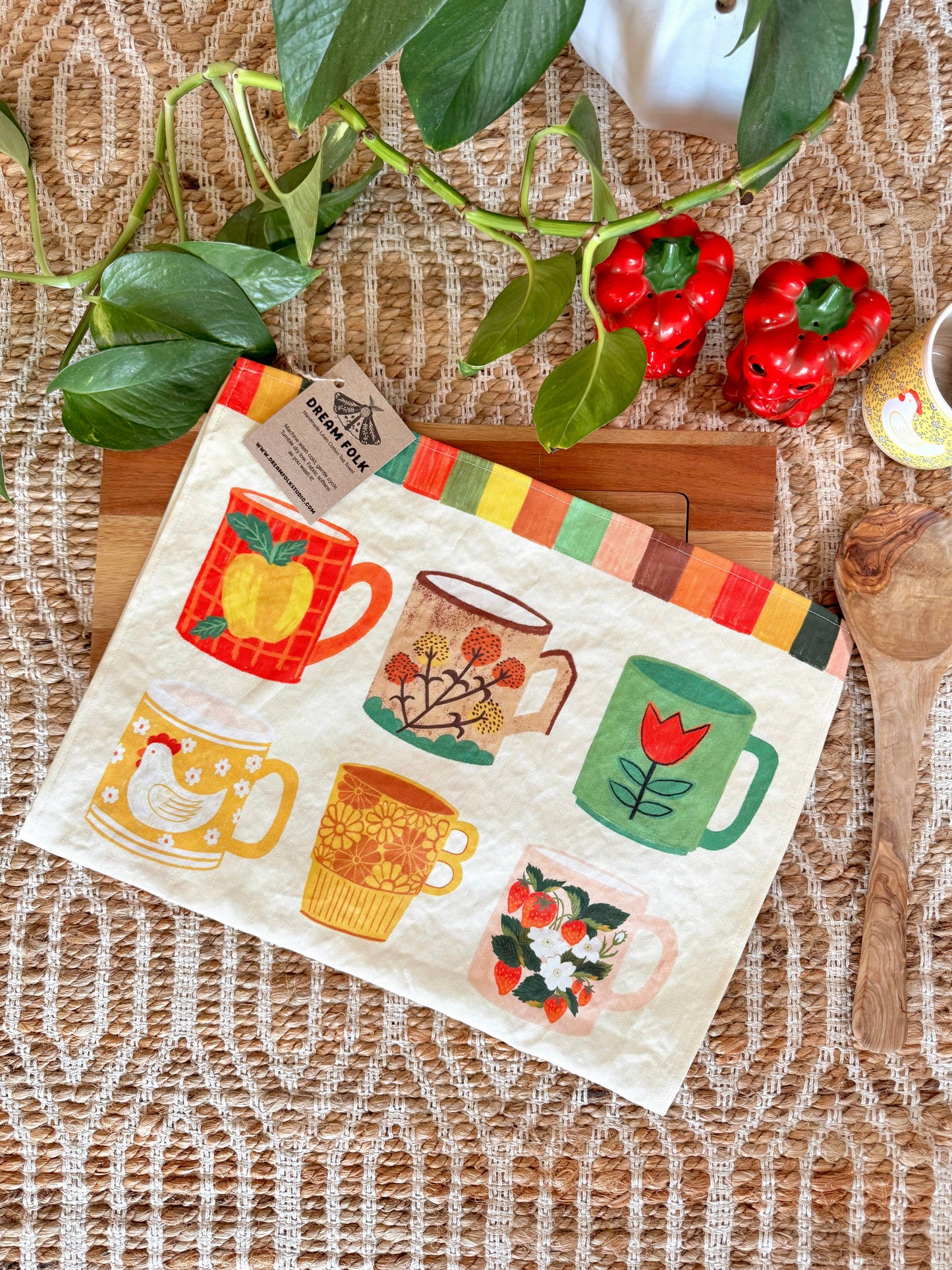 Vintage Coffee Mugs Linen Cotton Tea Towel