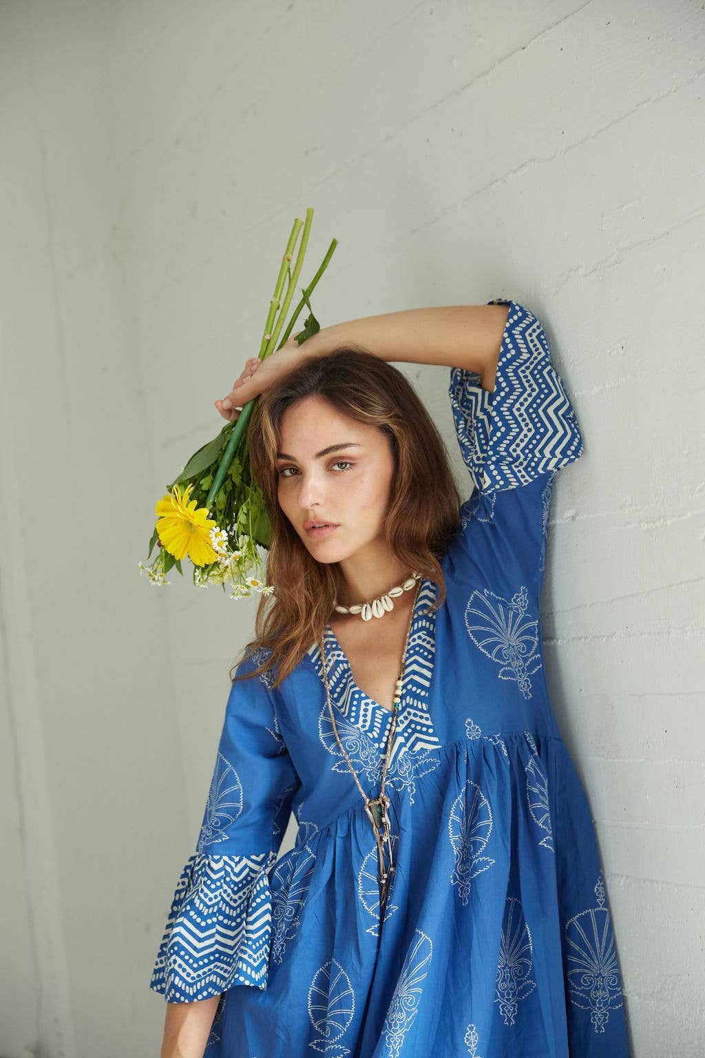 Block Printed Bell Sleeve Dress (Bhavani-Egyptian Blue)