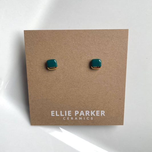 Square Teal Ceramic Earrings with Gold Luster