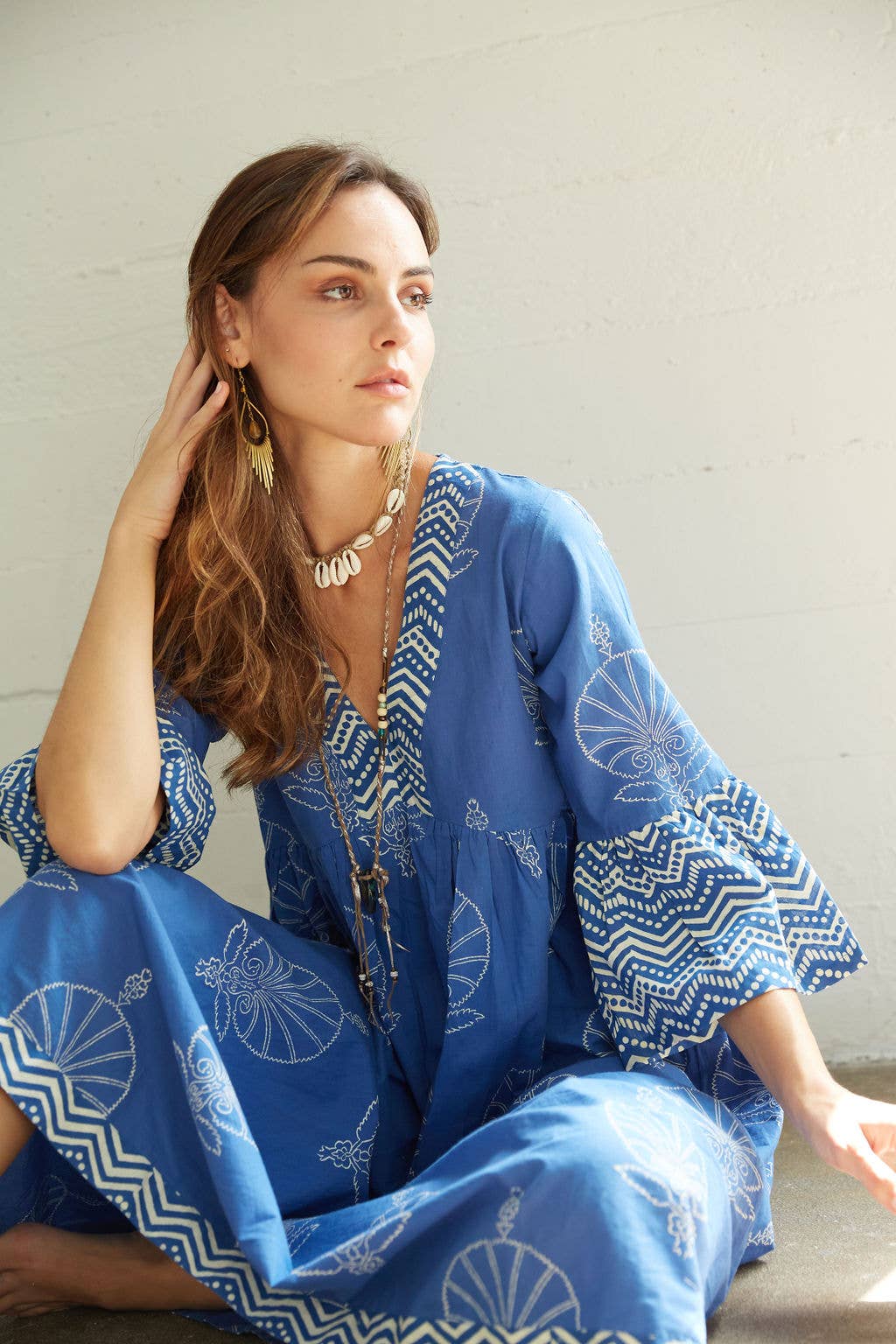 Block Printed Bell Sleeve Dress (Bhavani-Egyptian Blue)