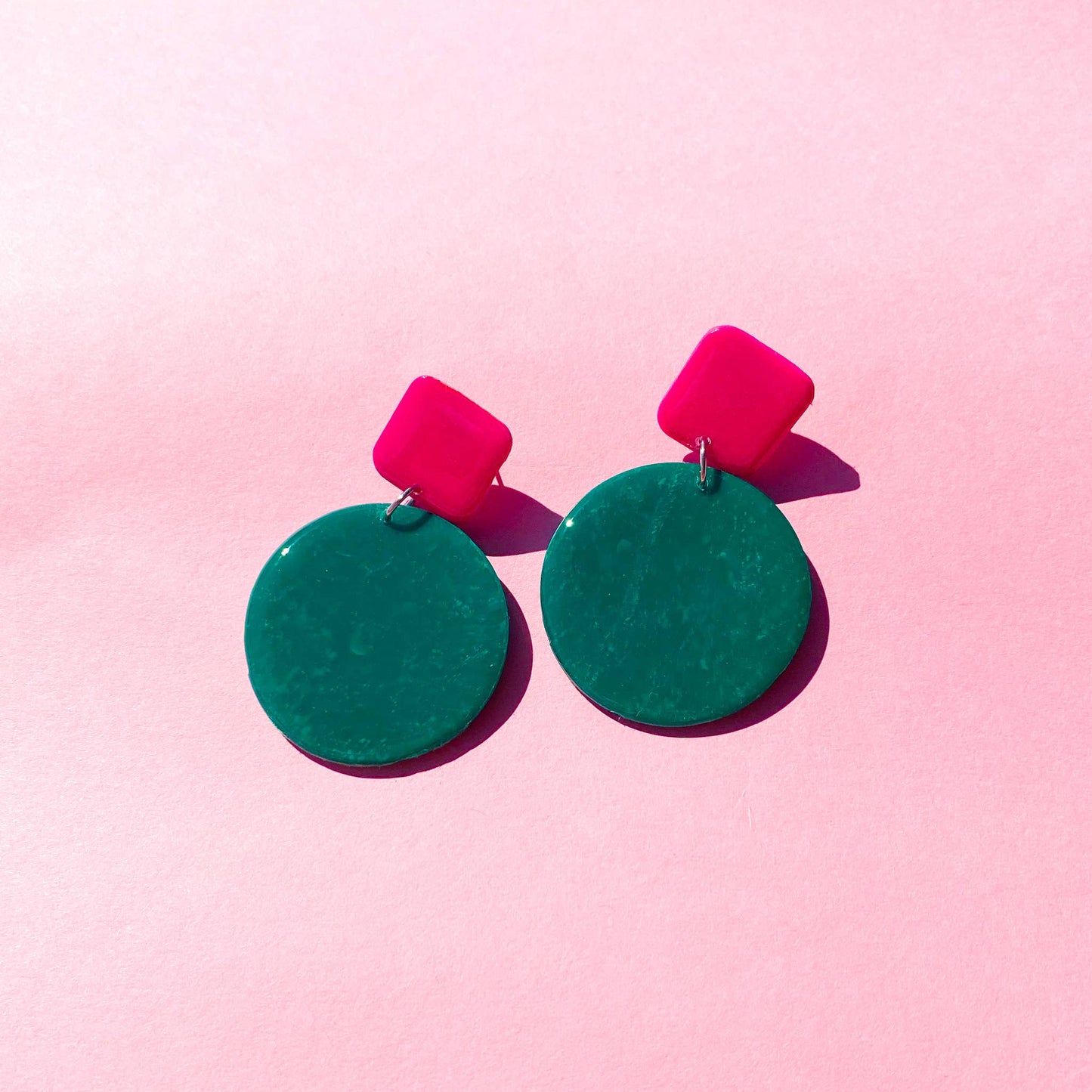 Fuchsia and Dark Teal Polymer Clay Colour Block Dangles