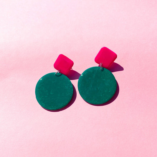 Fuchsia and Dark Teal Polymer Clay Colour Block Dangles