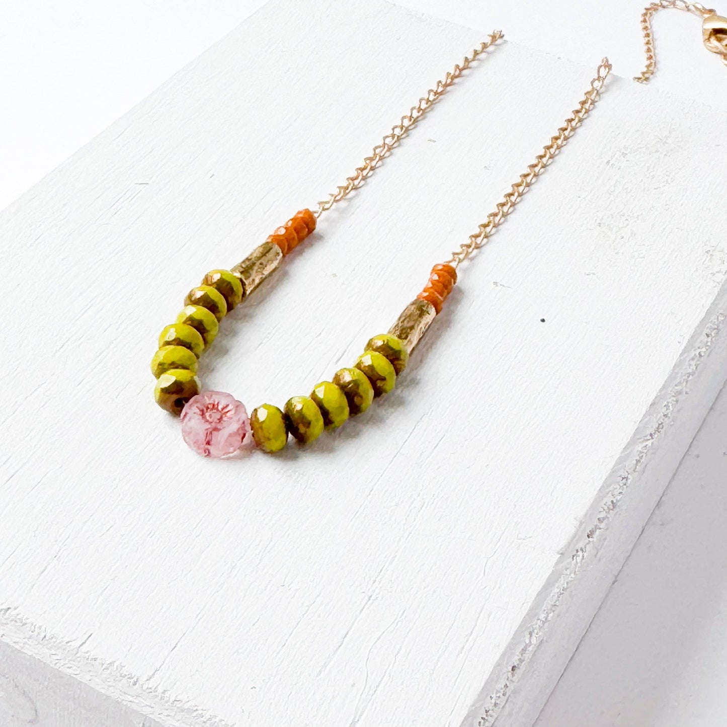 Dainty flower necklace with chartreuse beads