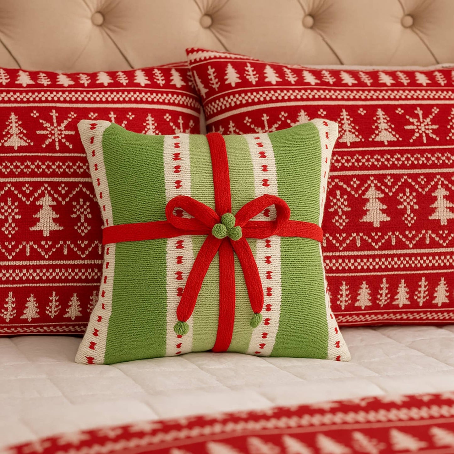 Green Stripe Gift Christmas Pillow