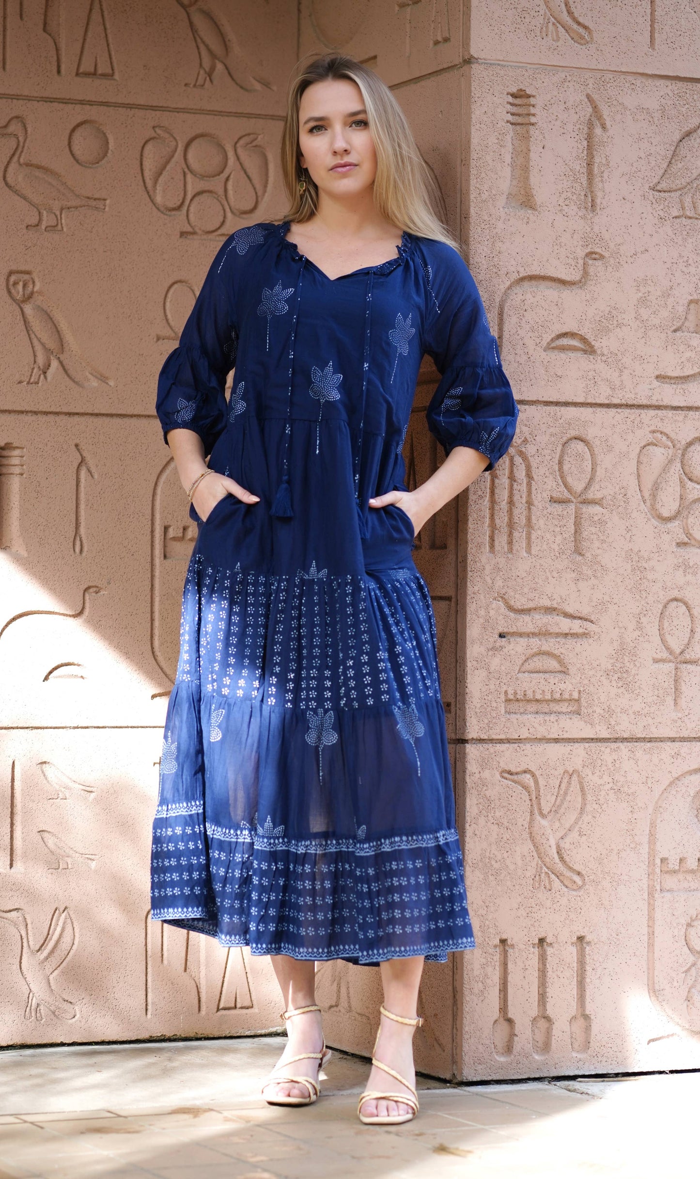 Bells Maxi Dress Hand Block Printed Blue