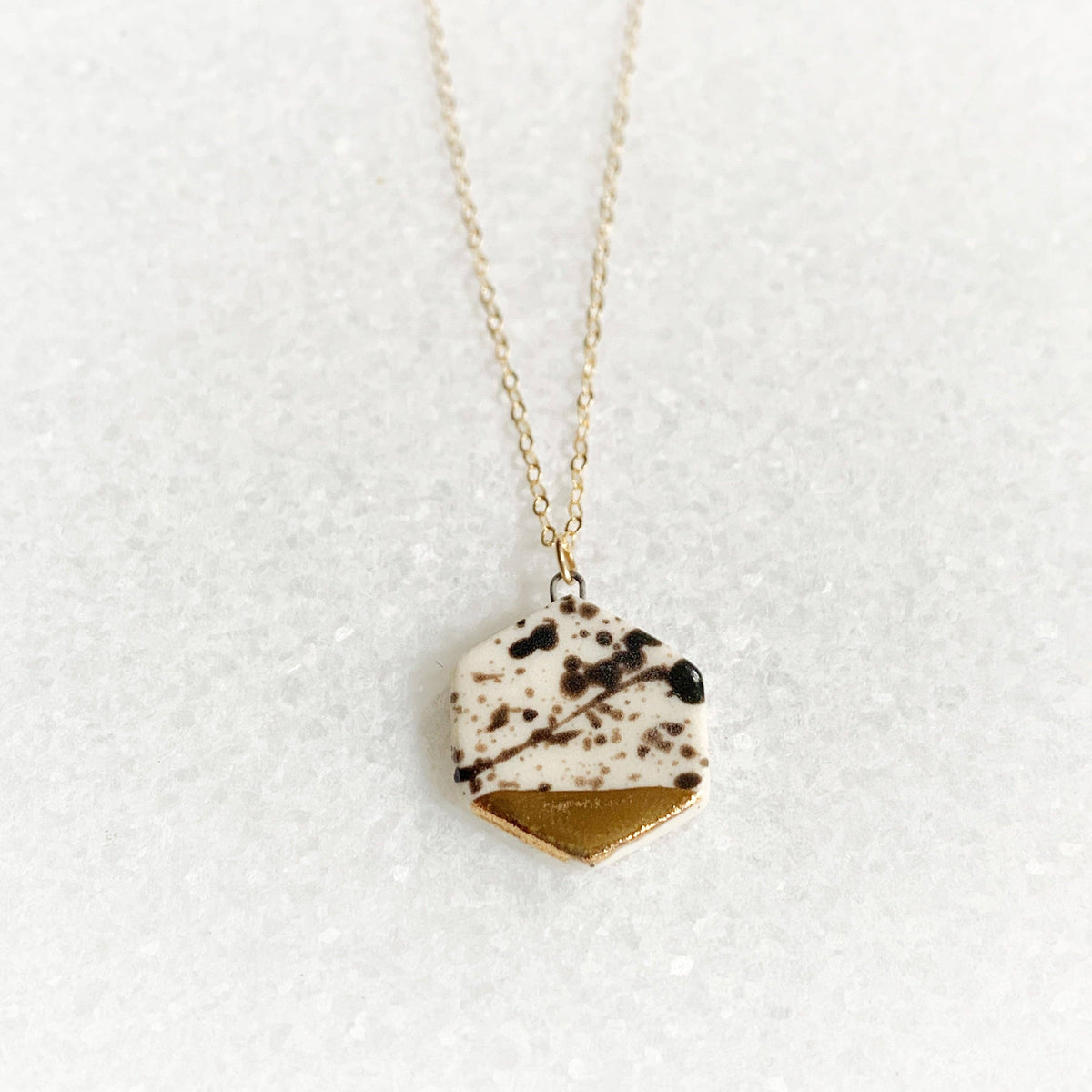 Small Hexagon Necklace - Black Splatter/Gold