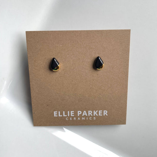 Teardrop Black Ceramic Earrings with Gold Luster