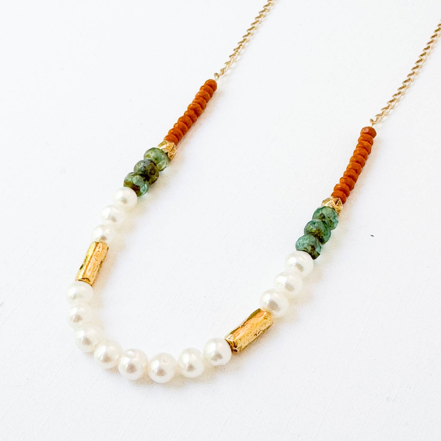 Dainty Pearl Necklace With Touches Of Gold And Aqua Beads