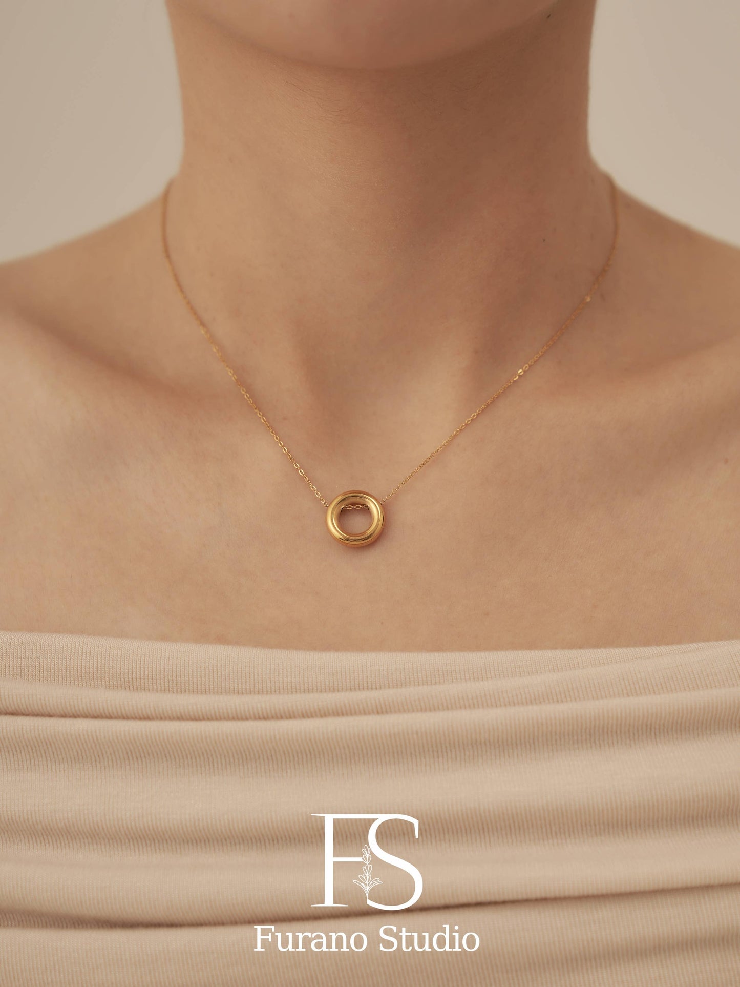 18K Gold Filled Circle necklace,Hollow round necklace