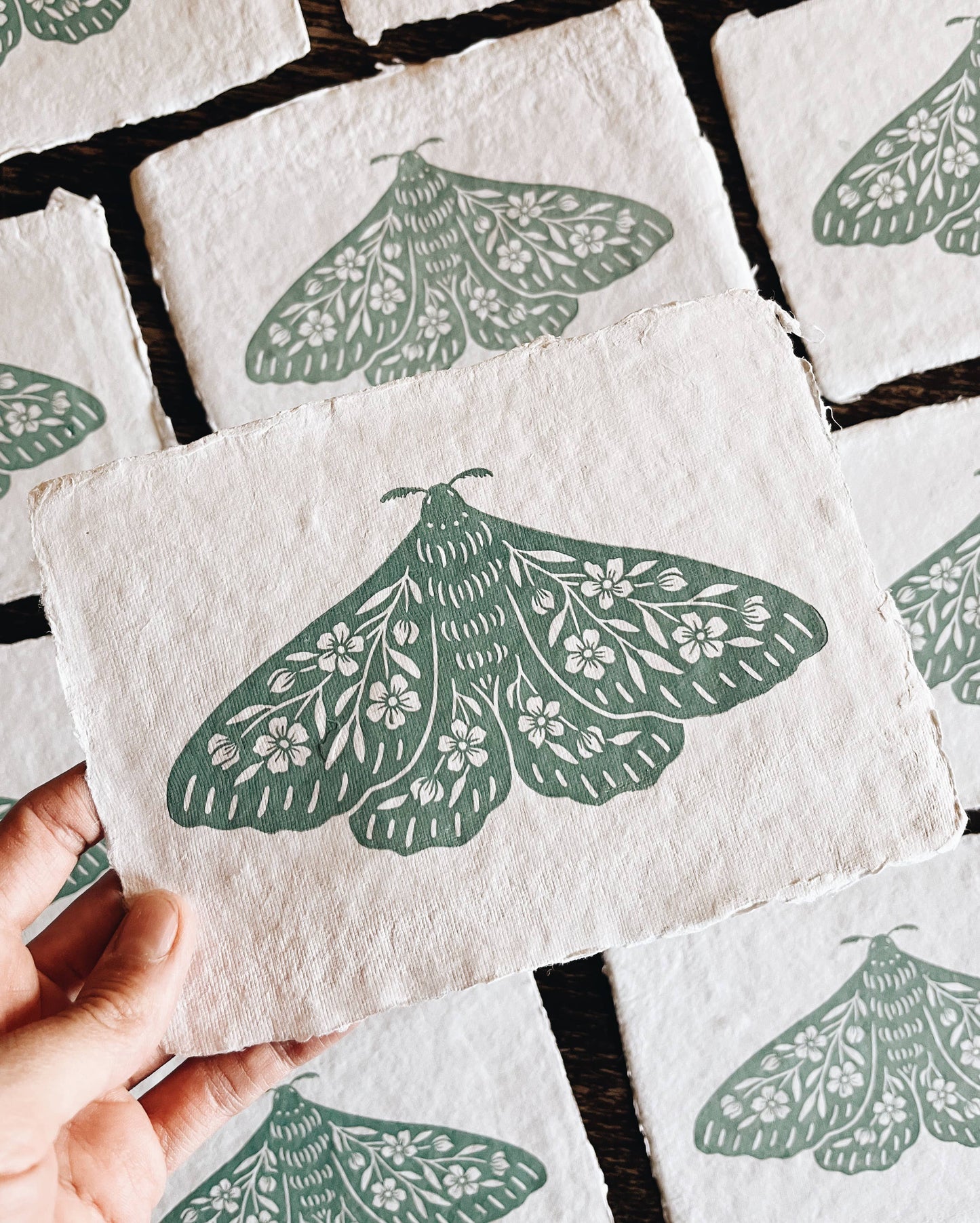 5x7 Seafoam Floral Moth Block Print