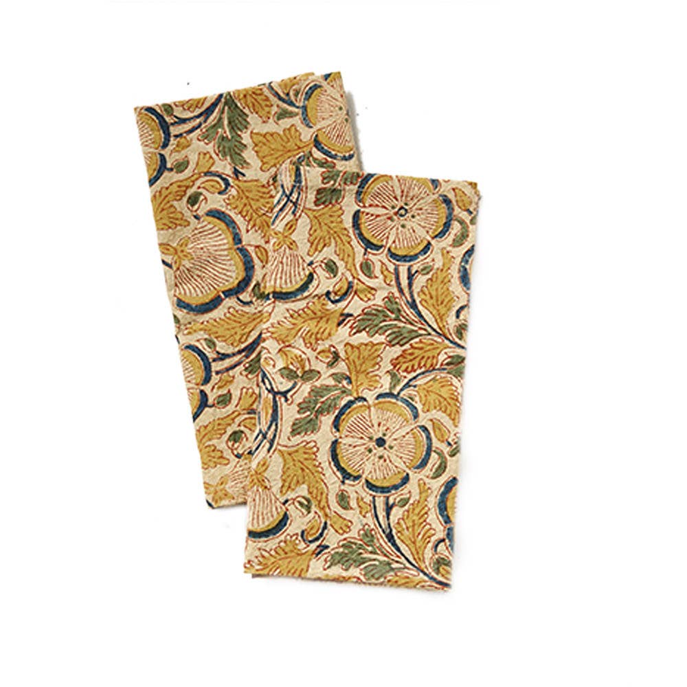 Kalamkari Meadow Block Print Cotton Napkins - Set of 2