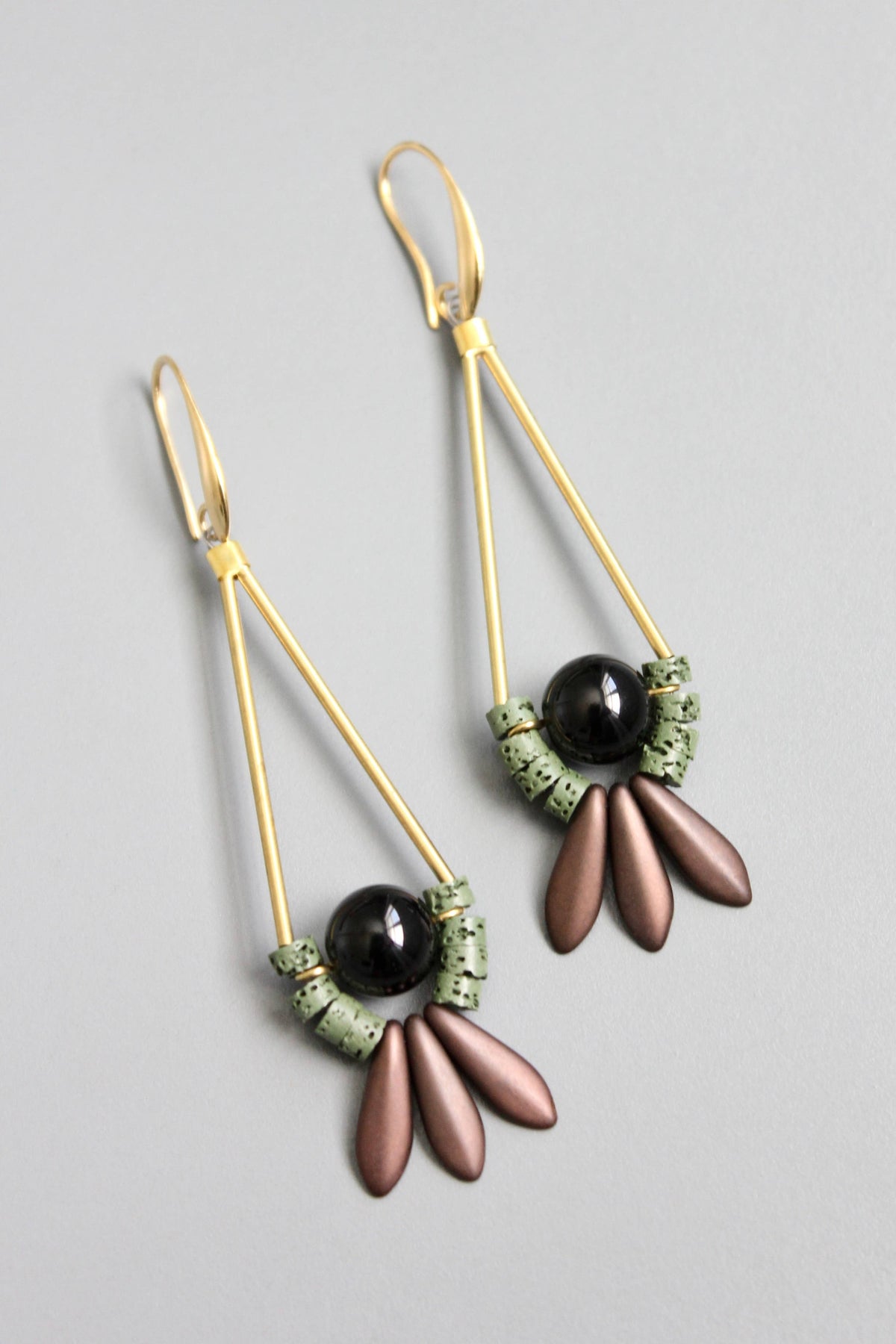 Copper, moss, and jet drop earrings