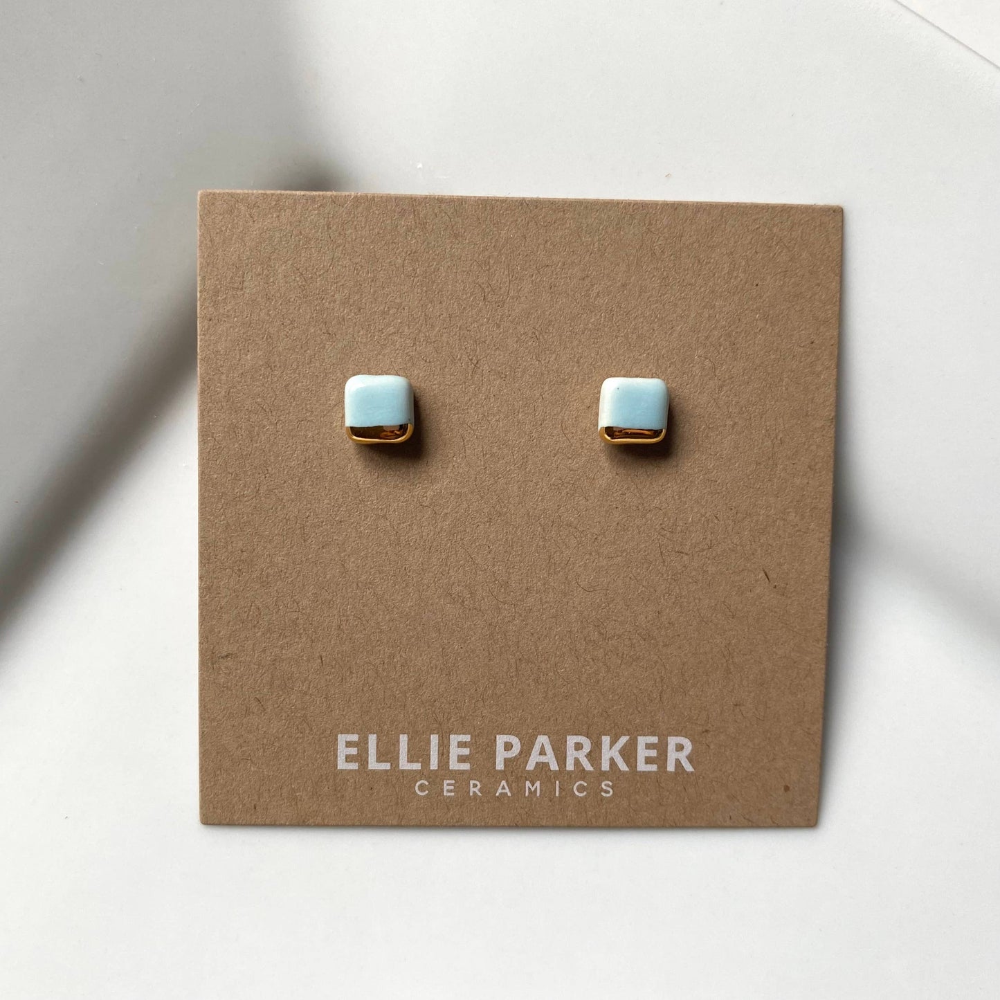 Square Sky Blue Ceramic Earrings with Gold Luster