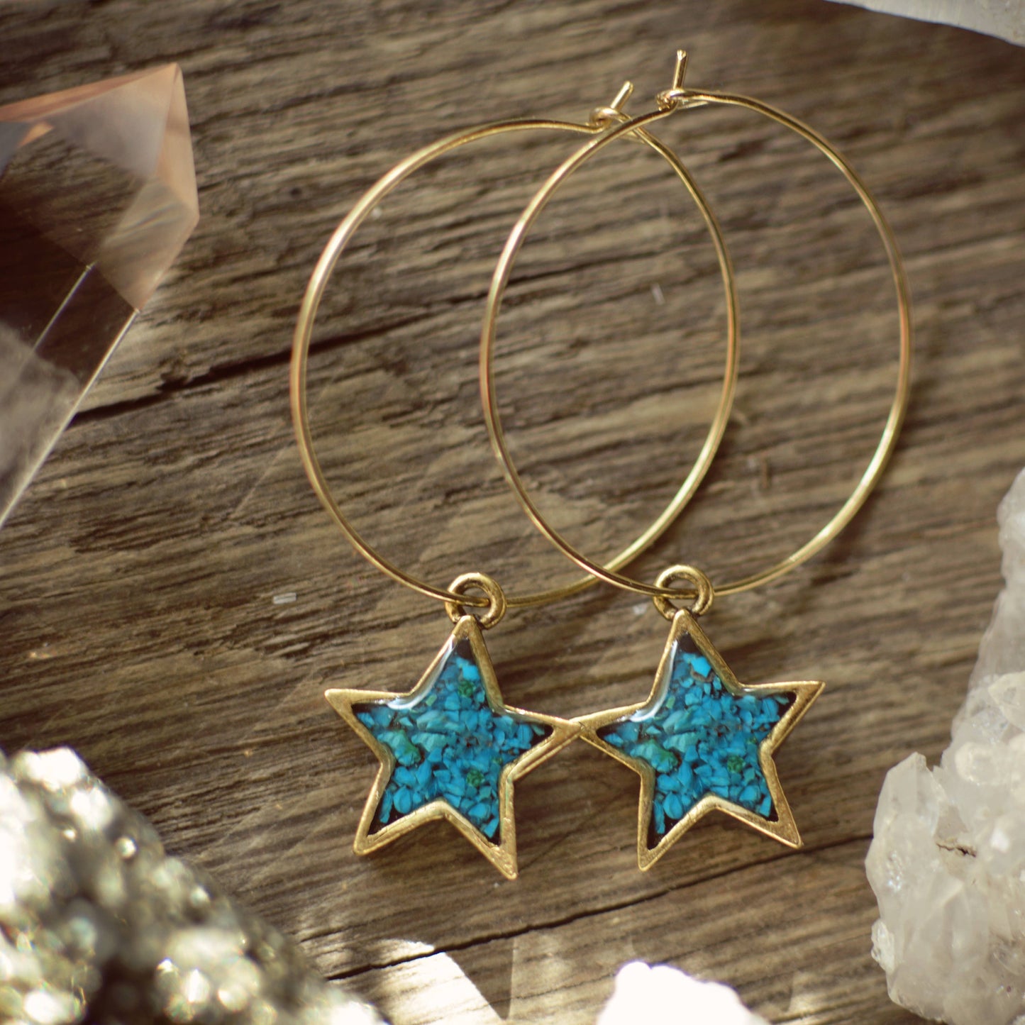 Crushed Gem Star Hoop Earrings