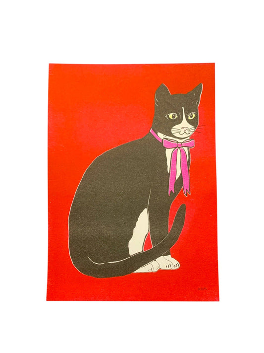 Risograph Print - 5x7" Tuxedo Cat Red