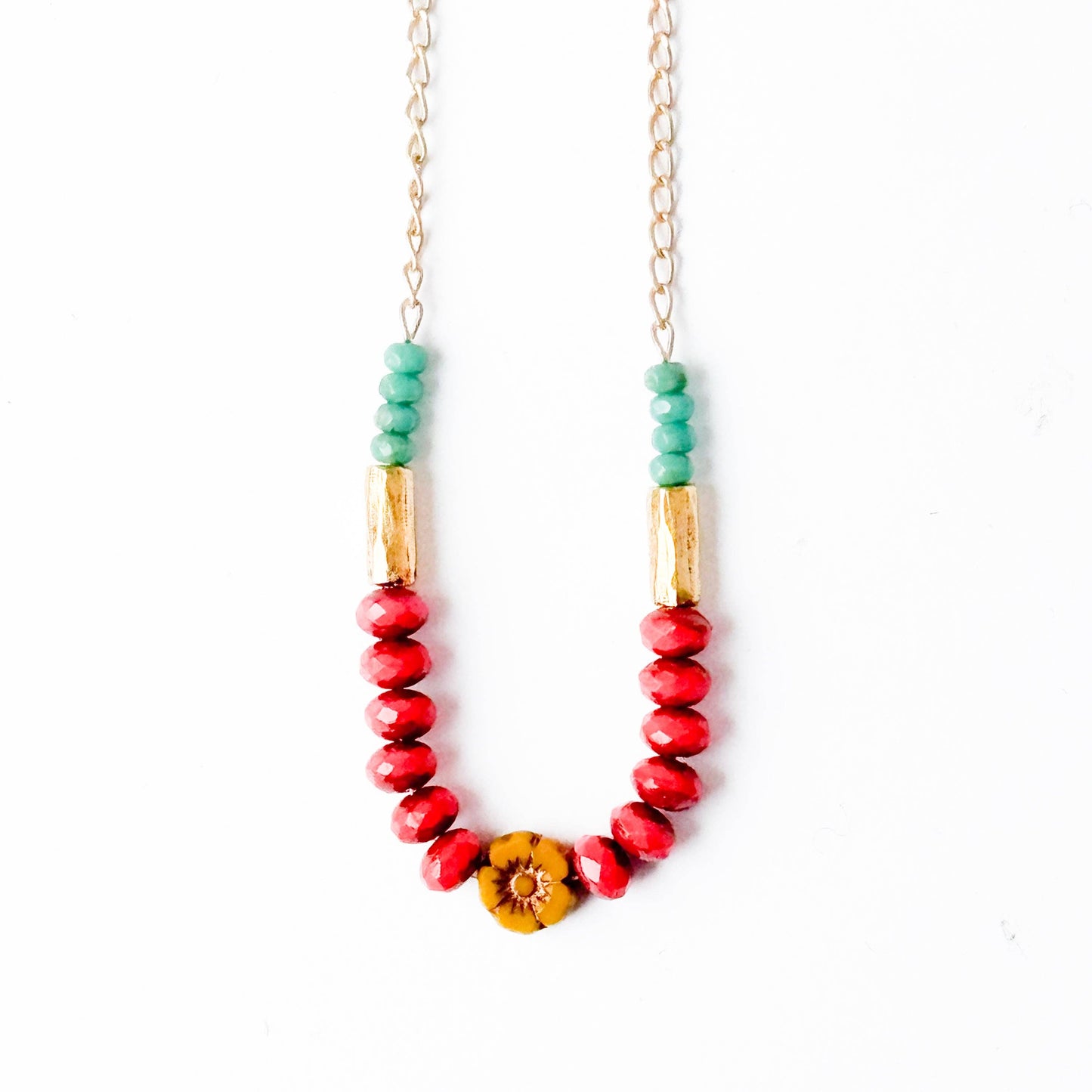 Dainty flower necklace with red beads, Dainty Necklace