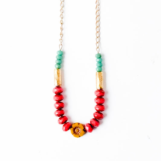 Dainty flower necklace with red beads, Dainty Necklace