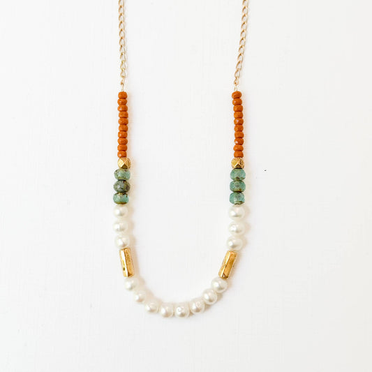 Dainty Pearl Necklace With Touches Of Gold And Aqua Beads
