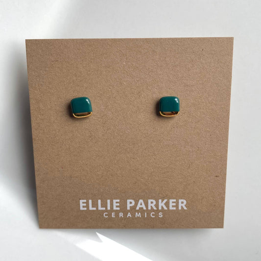 Square Teal Ceramic Earrings with Gold Luster
