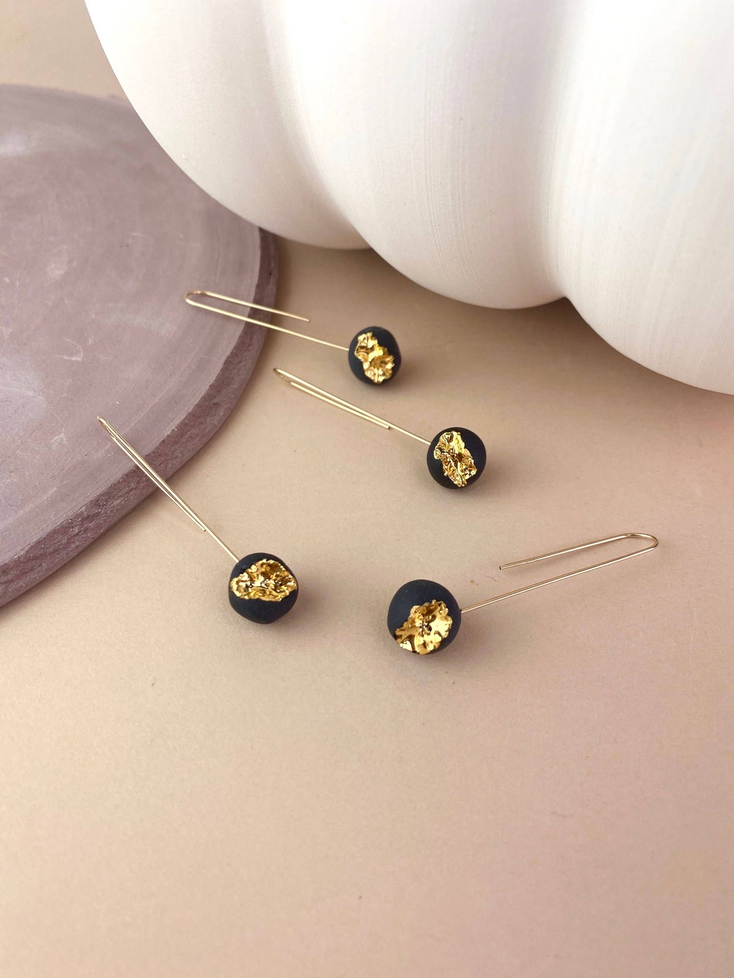 Nova Earrings - Black Porcelain with Real Gold Overglaze