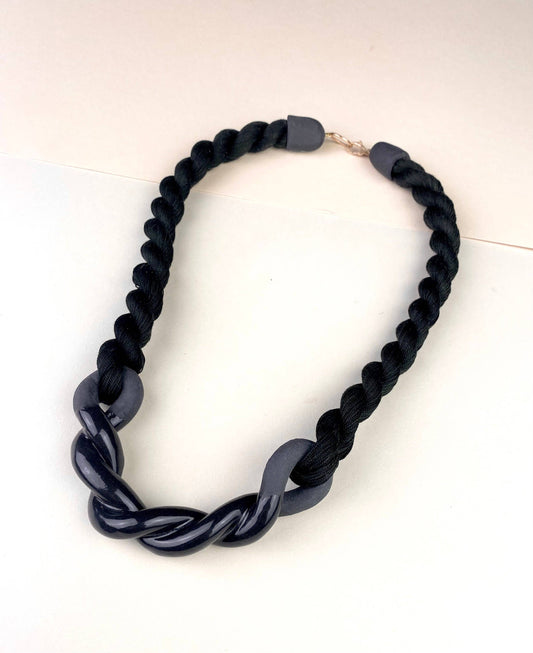 Black Twist Collar - Porcelain and Cotton Statement Necklace