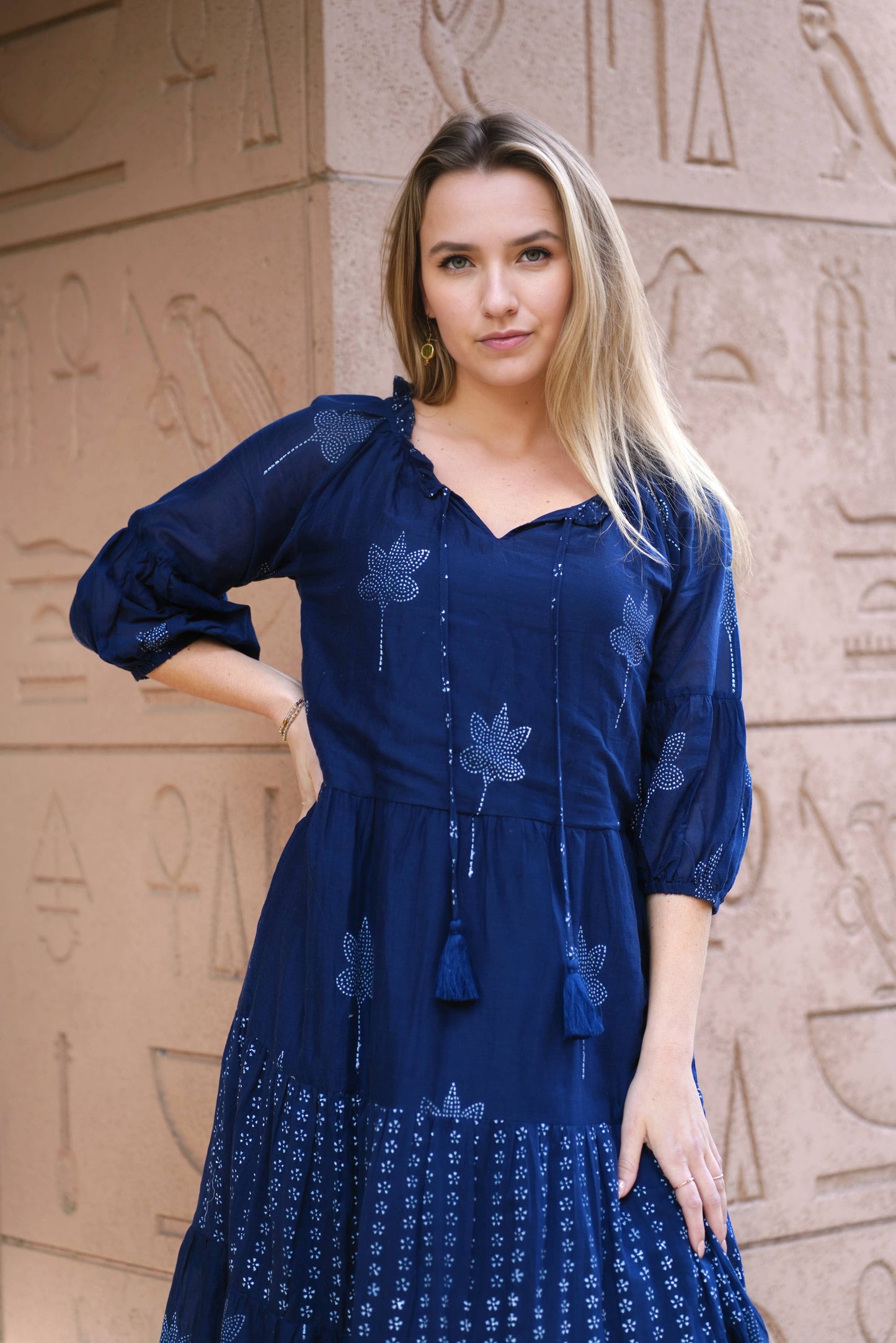 Bells Maxi Dress Hand Block Printed Blue