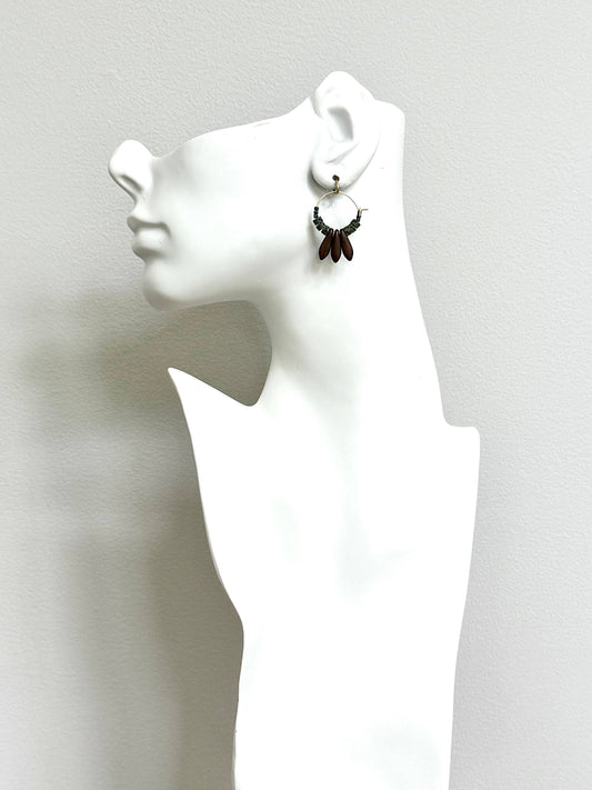 Mini moss and copper hoop  earrings