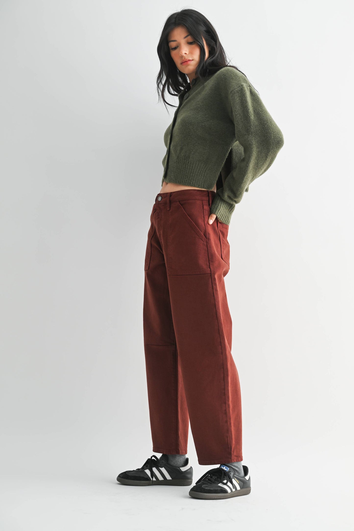 Cinnamon Utility Seamed Barrel Jean